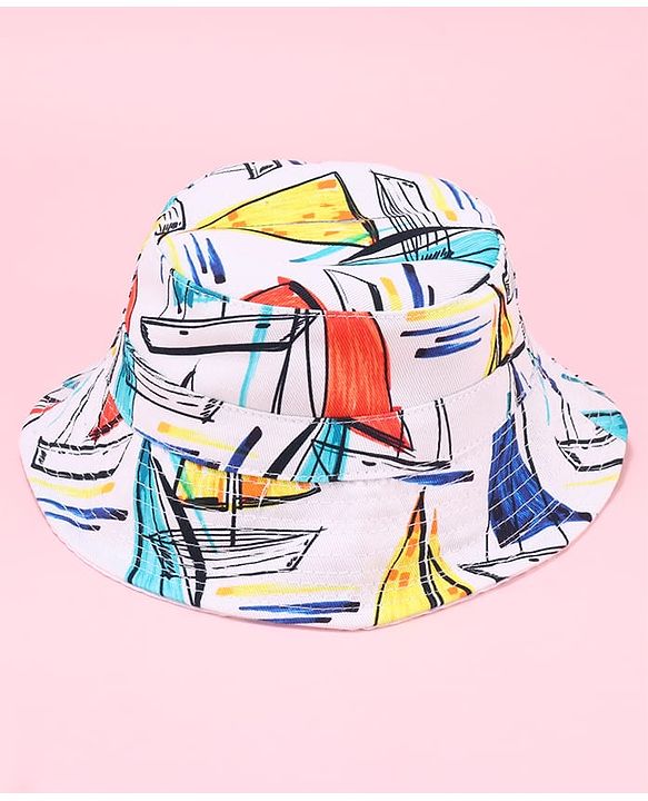 Babyhug Two Layer Bucket Hat with Abstract Print White Orange & Blue - Diameter 18 cm