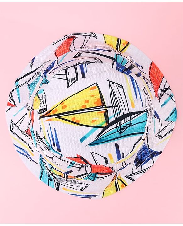Babyhug Two Layer Bucket Hat with Abstract Print White Orange & Blue - Diameter 18 cm
