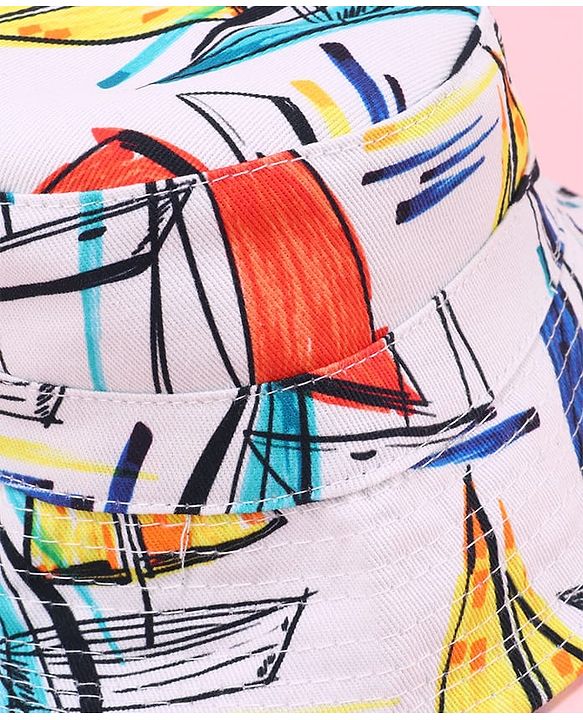 Babyhug Two Layer Bucket Hat with Abstract Print White Orange & Blue - Diameter 18 cm