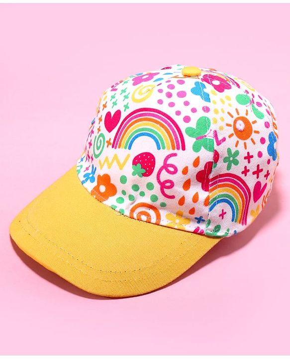 Babyhug Cotton Woven Cap With Floral Print Yellow - Diameter 46 cm