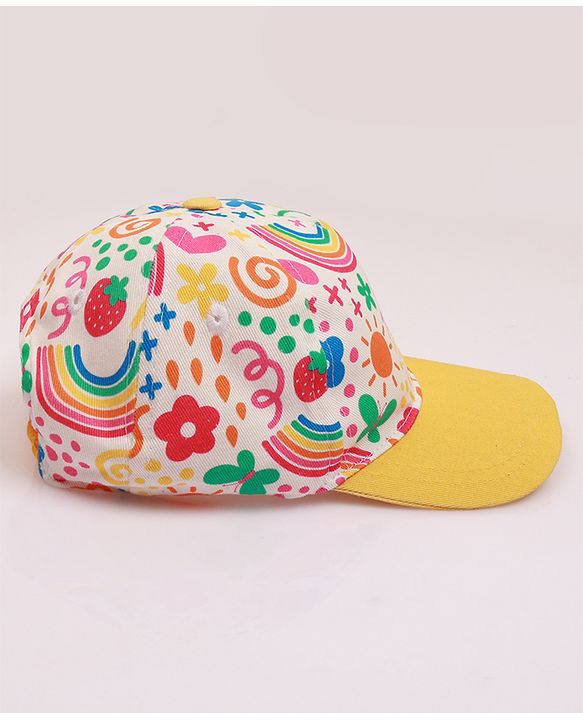 Babyhug Cotton Woven Cap With Floral Print Yellow - Diameter 46 cm