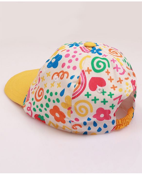 Babyhug Cotton Woven Cap With Floral Print Yellow - Diameter 46 cm