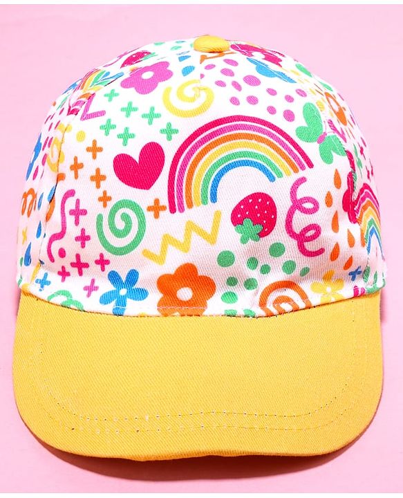 Babyhug Cotton Woven Cap With Floral Print Yellow - Diameter 46 cm