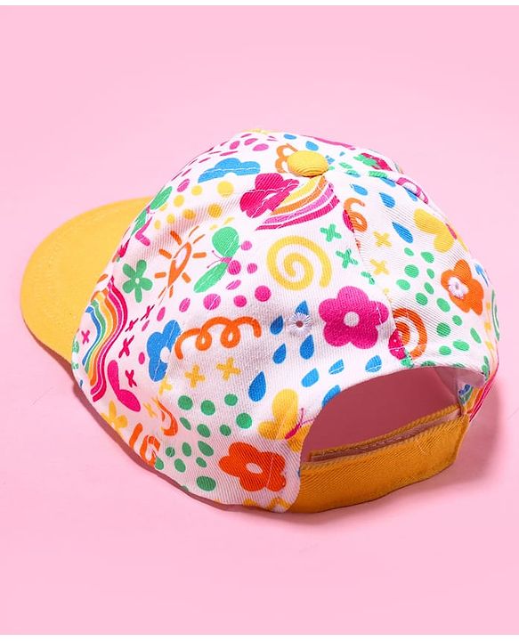 Babyhug Cotton Woven Cap With Floral Print Yellow - Diameter 46 cm
