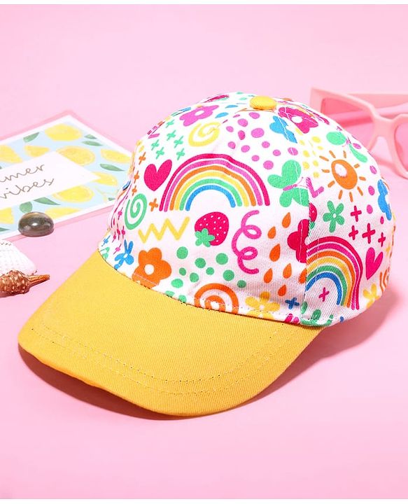 Babyhug Cotton Woven Cap With Floral Print Yellow - Diameter 46 cm