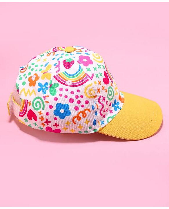 Babyhug Cotton Woven Cap With Floral Print Yellow - Diameter 46 cm