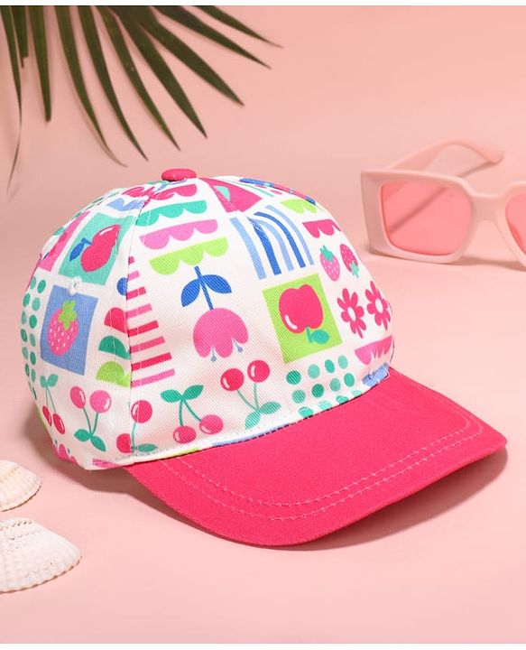 Babyhug Cotton Woven Summer Cap with Floral Print Pink - Diameter 48 cm