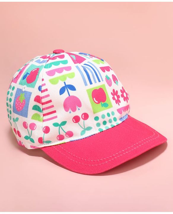 Babyhug Cotton Woven Summer Cap with Floral Print Pink - Diameter 48 cm