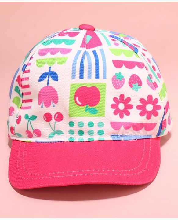 Babyhug Cotton Woven Summer Cap with Floral Print Pink - Diameter 48 cm