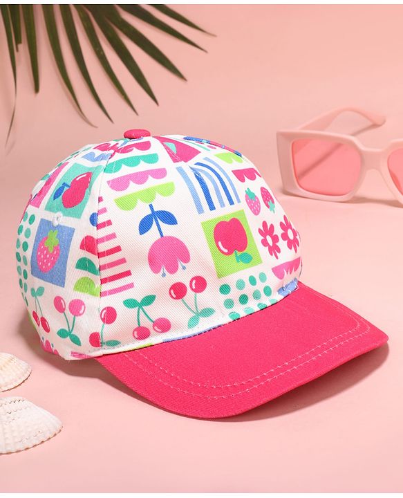 Babyhug Cotton Woven Summer Cap with Floral Print Pink - Diameter 48 cm