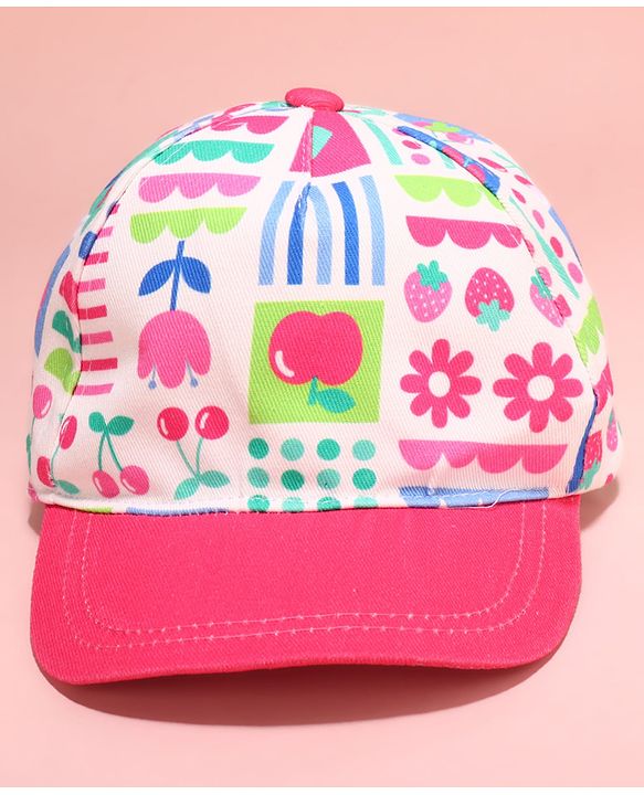Babyhug Cotton Woven Summer Cap with Floral Print Pink - Diameter 48 cm