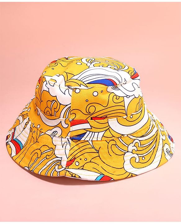 Babyhug Cotton Woven Two Layer Bucket Hat with Beach Theme Print Yellow - Diameter 17 cm