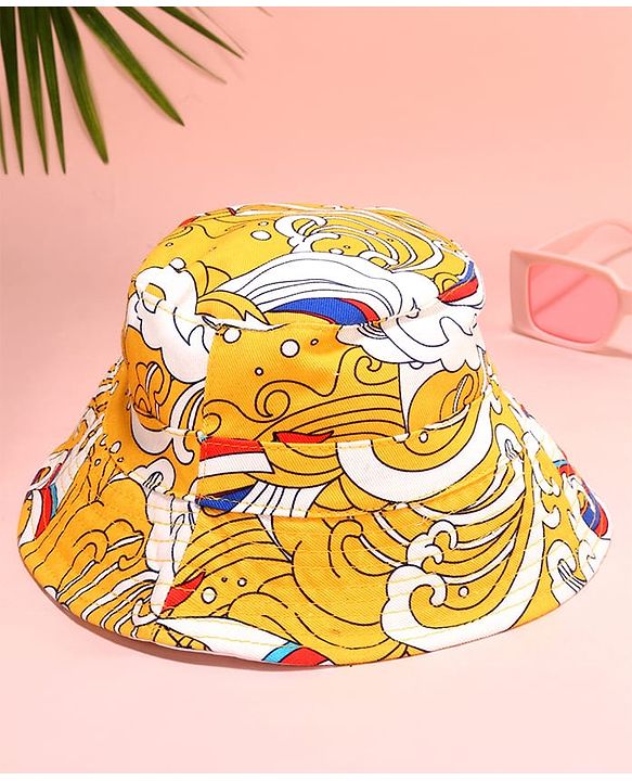 Babyhug Cotton Woven Two Layer Bucket Hat with Beach Theme Print Yellow - Diameter 17 cm