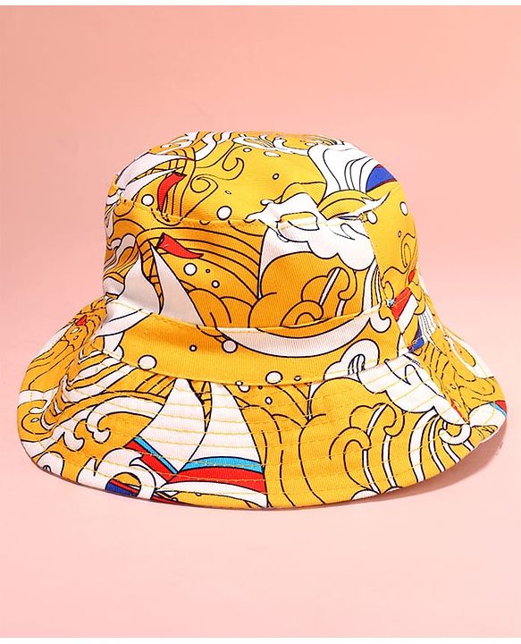 Babyhug Cotton Woven Two Layer Bucket Hat with Beach Theme Print Yellow - Diameter 17 cm