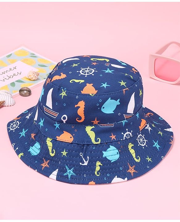 Babyhug Two Layer Bucket Hat with Sea Life Print Navy Blue - Diameter 20 cm