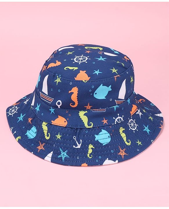 Babyhug Two Layer Bucket Hat with Sea Life Print Navy Blue - Diameter 20 cm