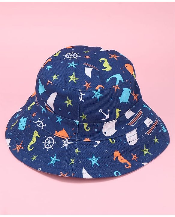 Babyhug Two Layer Bucket Hat with Sea Life Print Navy Blue - Diameter 20 cm