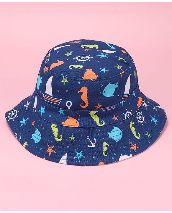 Babyhug Two Layer Bucket Hat with Sea Life Print Navy Blue - Diameter 20 cm