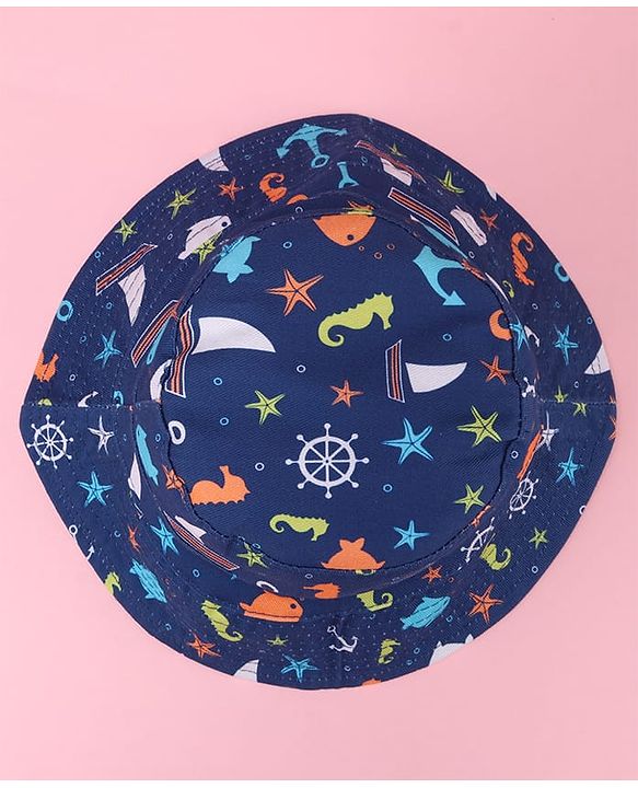 Babyhug Two Layer Bucket Hat with Sea Life Print Navy Blue - Diameter 20 cm