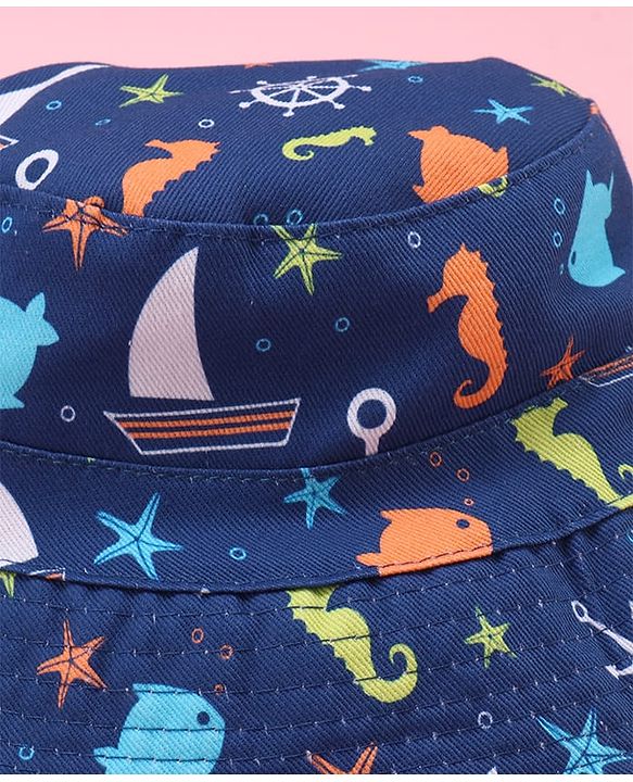 Babyhug Two Layer Bucket Hat with Sea Life Print Navy Blue - Diameter 20 cm