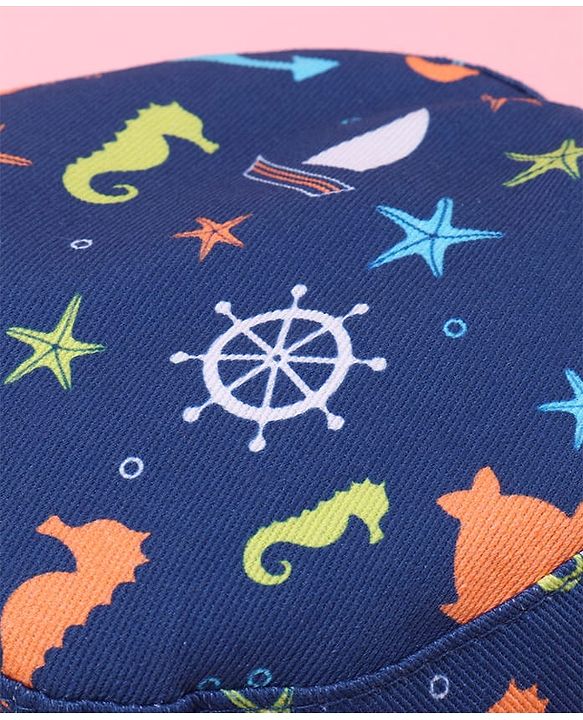 Babyhug Two Layer Bucket Hat with Sea Life Print Navy Blue - Diameter 20 cm
