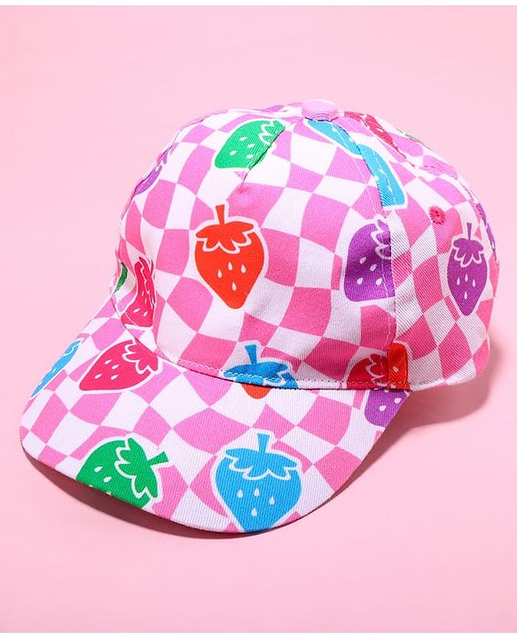 Babyhug Cotton Woven Cap With Checkered Print Pink - Diameter 45 cm