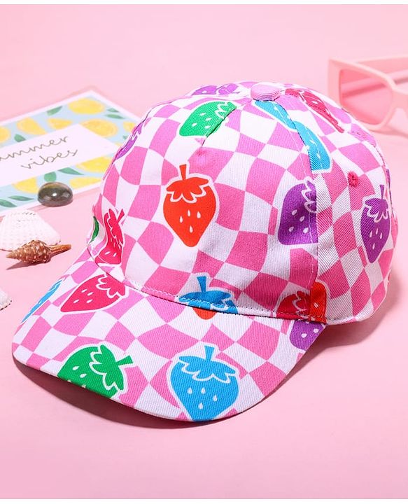 Babyhug Cotton Woven Cap With Checkered Print Pink - Diameter 45 cm