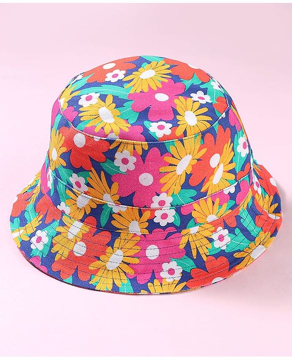 Babyhug Cotton Woven Two Layer Bucket Hat with Floral Print Blue - Diameter 15 cm