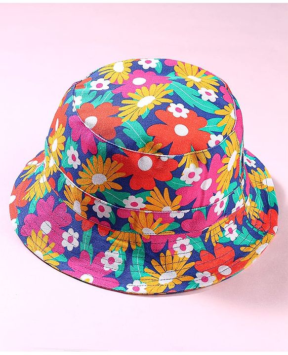 Babyhug Cotton Woven Two Layer Bucket Hat with Floral Print Blue - Diameter 15 cm