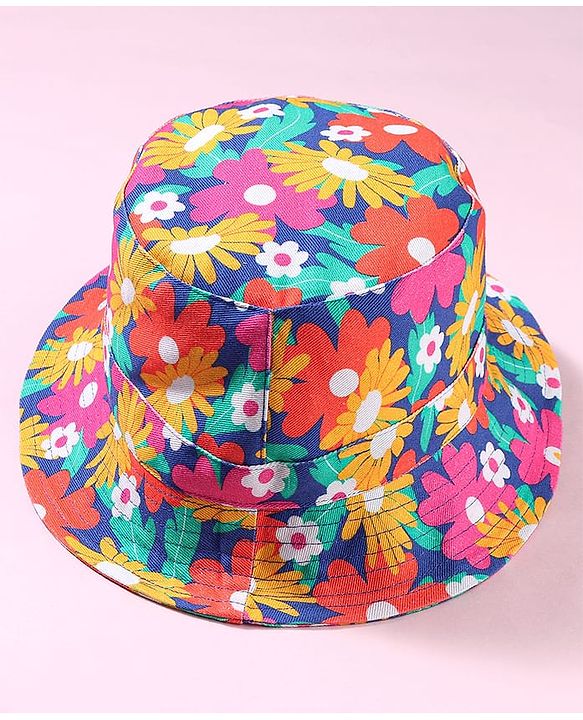 Babyhug Cotton Woven Two Layer Bucket Hat with Floral Print Blue - Diameter 15 cm