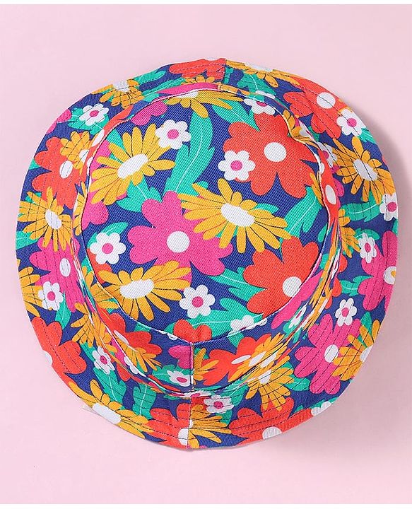 Babyhug Cotton Woven Two Layer Bucket Hat with Floral Print Blue - Diameter 15 cm
