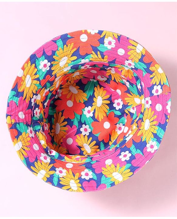 Babyhug Cotton Woven Two Layer Bucket Hat with Floral Print Blue - Diameter 15 cm