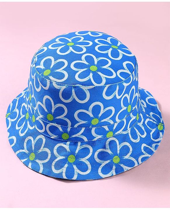 Babyhug 100% Cotton Woven Two Layer Bucket Hat with Floral Print Blue - Diameter 17 cm