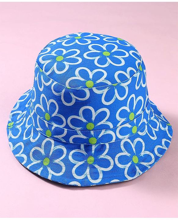 Babyhug Cotton Woven Two Layer Bucket Hat with Floral Print Blue - Diameter 17 cm