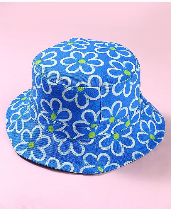 Babyhug Cotton Woven Two Layer Bucket Hat with Floral Print Blue - Diameter 17 cm