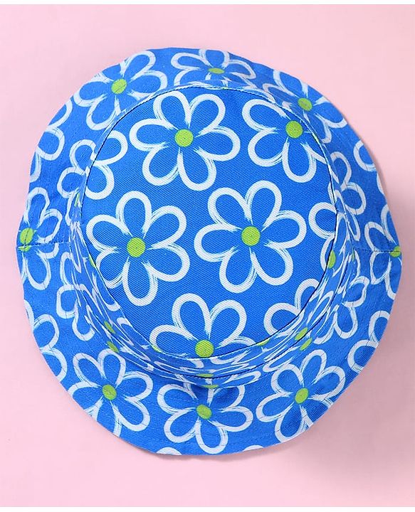Babyhug Cotton Woven Two Layer Bucket Hat with Floral Print Blue - Diameter 17 cm