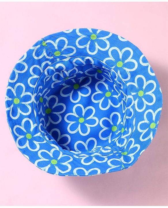 Babyhug Cotton Woven Two Layer Bucket Hat with Floral Print Blue - Diameter 17 cm