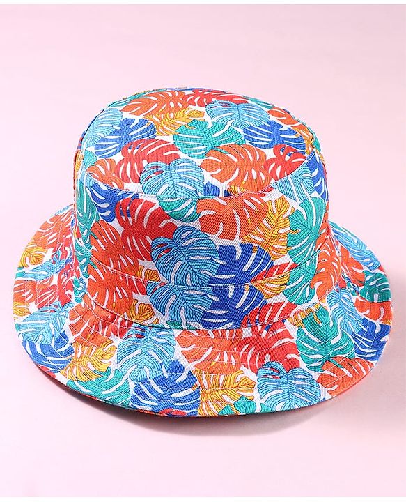Babyhug Cotton Woven Two Layer Bucket Hat with Leaves Print White - Diameter 17 cm