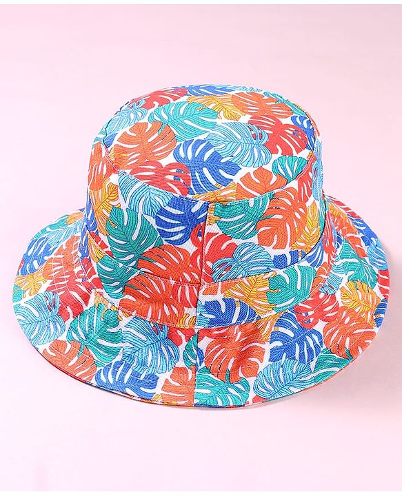 Babyhug Cotton Woven Two Layer Bucket Hat with Leaves Print White - Diameter 17 cm