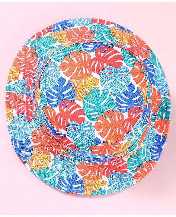 Babyhug Cotton Woven Two Layer Bucket Hat with Leaves Print White - Diameter 17 cm