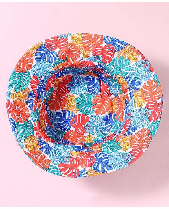 Babyhug Cotton Woven Two Layer Bucket Hat with Leaves Print White - Diameter 17 cm