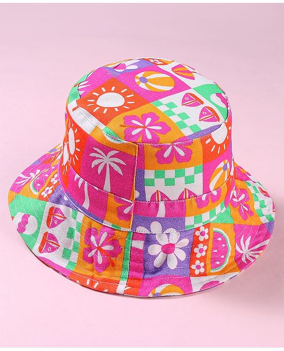 Babyhug Cotton Woven Two Layer Bucket Hat with Beach Theme Print Multicolor - Diameter 19 cm