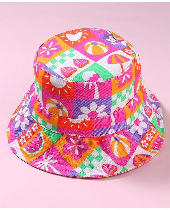 Babyhug Cotton Woven Two Layer Bucket Hat with Beach Theme Print Multicolor - Diameter 19 cm