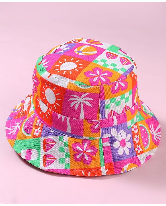 Babyhug Cotton Woven Two Layer Bucket Hat with Beach Theme Print Multicolor - Diameter 19 cm