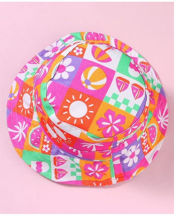 Babyhug Cotton Woven Two Layer Bucket Hat with Beach Theme Print Multicolor - Diameter 19 cm