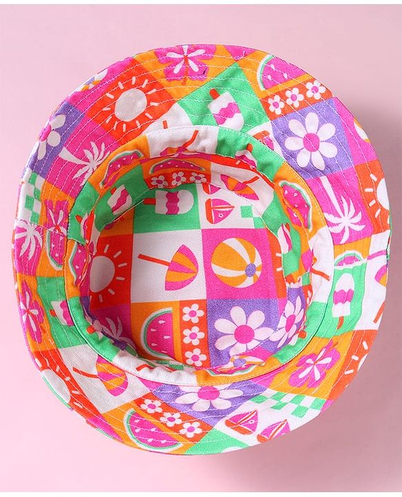 Babyhug Cotton Woven Two Layer Bucket Hat with Beach Theme Print Multicolor - Diameter 19 cm