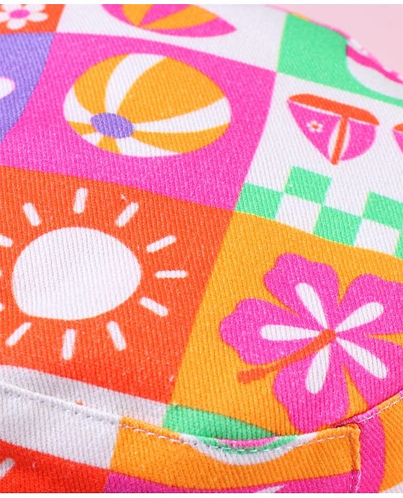 Babyhug Cotton Woven Two Layer Bucket Hat with Beach Theme Print Multicolor - Diameter 19 cm