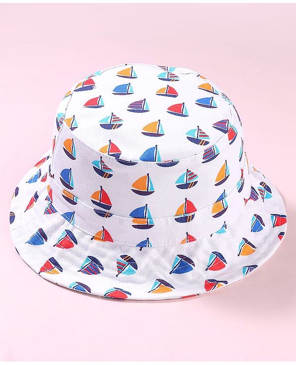 Babyhug Cotton Woven Bucket Hat With Boat Print White - Diameter 16