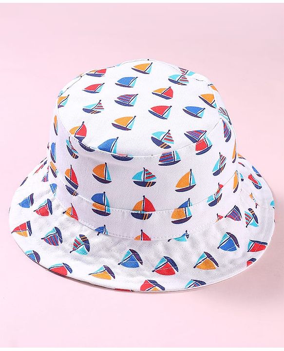 Babyhug Cotton Woven Bucket Hat With Boat Print White - Diameter 16