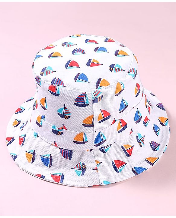 Babyhug Cotton Woven Bucket Hat With Boat Print White - Diameter 17
